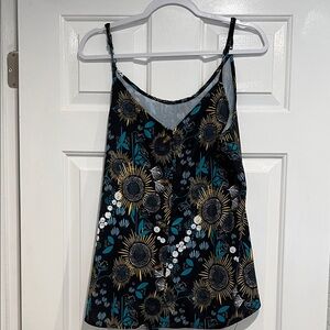 Floral Sunburst Print Spaghetti Strap Tank Top - Black/Teal